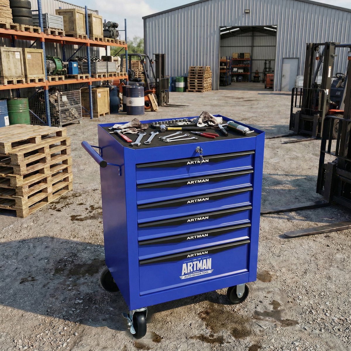 DESMIU Gereedschapskar – 6 Lades Met Wielen En Slot – 60 x 33 x 77,5 cm – Staal – Zwart Blauw – Voor Garage En Werkplaats