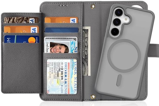 Grijze portemonnee boekhoes, geopend met creditcards, rijbewijs, geld en een afneembare telefoonhoes.