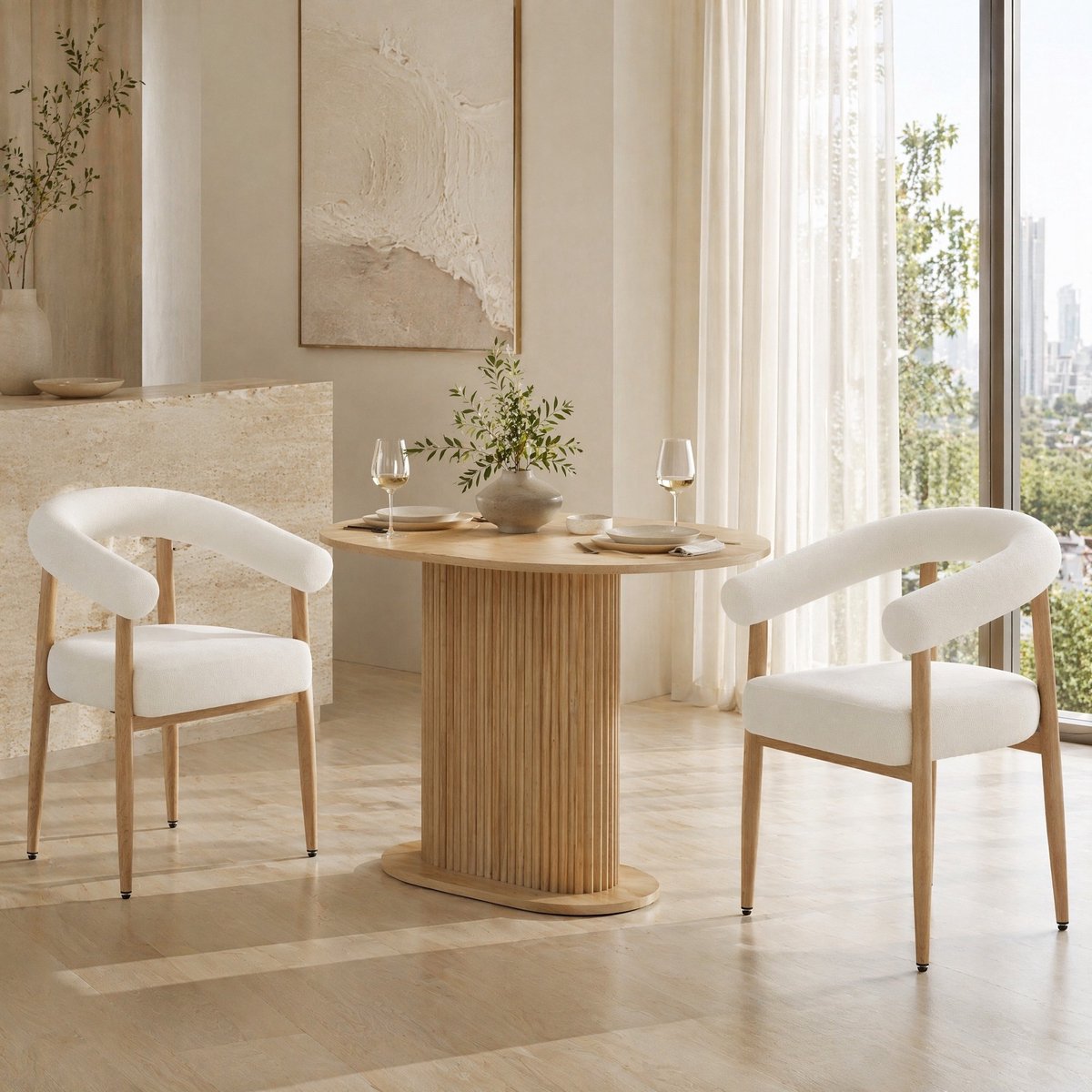 FloraGrace Eetkamerstoel Set Van 2 Met Armleuningen – Gestoffeerde Zitting En Ergonomische Rugleuning – Modern Design – Wit – Metaal