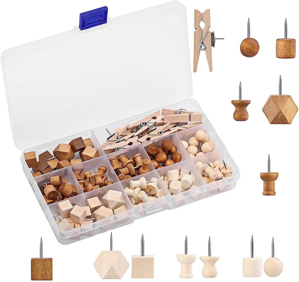 Houten punaises set van 114 stuks met 13 soorten prikbordnaalden voor kurkborden, foto's en handwerk, ronde kop en stalen spijkers voor veelzijdig gebruik