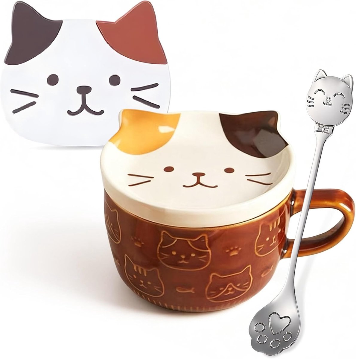 Schattige keramische kattenbeker met deksel en lepel - 300ml koffiebeker voor kattenliefhebbers, ideaal voor thee en ontbijt