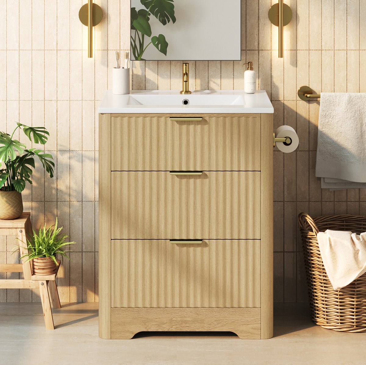 OKWISH Waschtischunterschrank - 61 x 47 x 82 cm - 2 Lades - Keramische Wastafel En Dubbelzijdige Papierhouder - MDF Naturel Hout