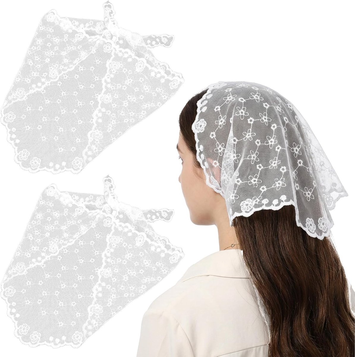 Elegante driehoekige bandana hoofdband voor dames - Witte kanten sjaal, retro haaraccessoire en modieuze zomerlook
