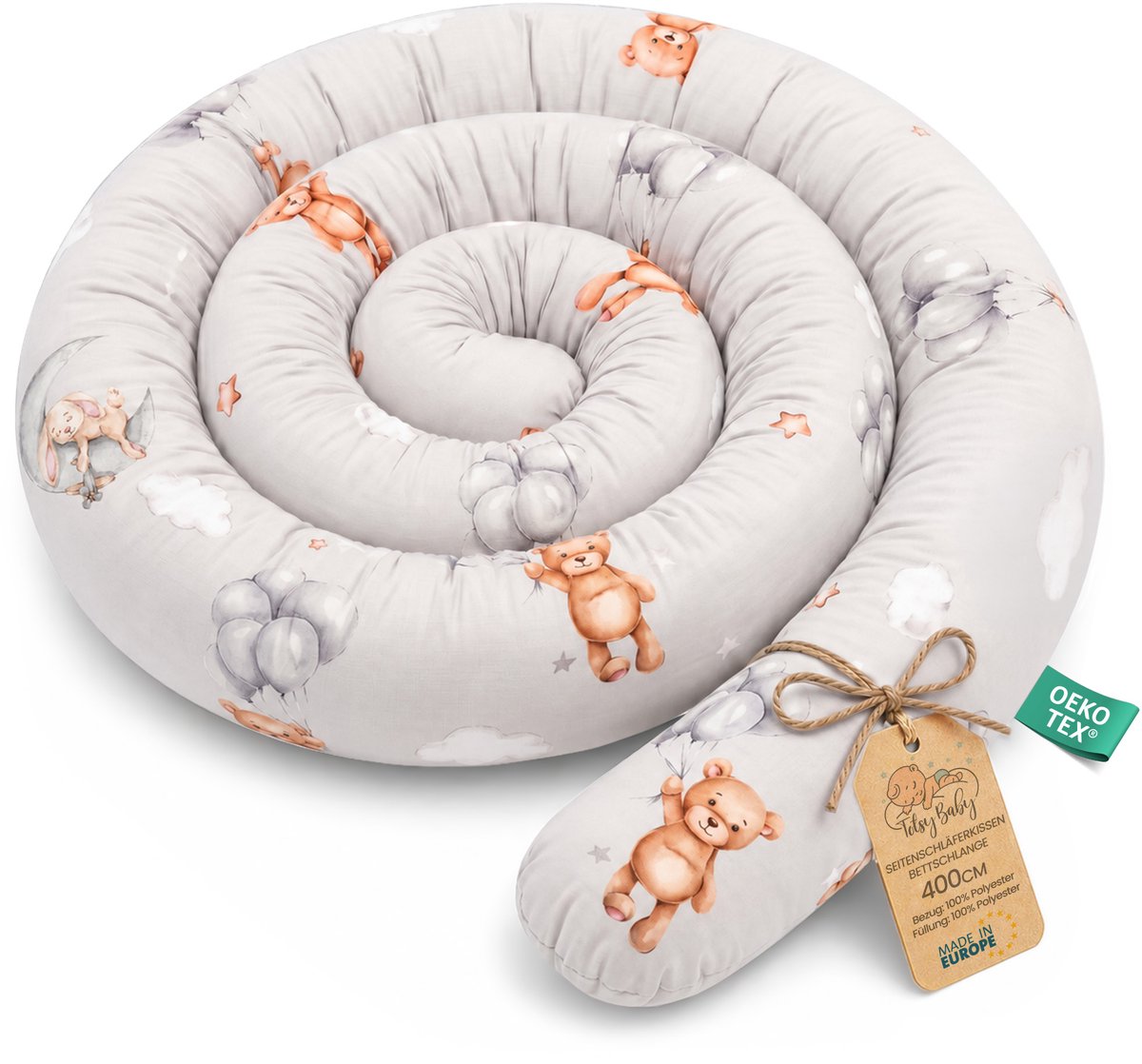 XXL bedslang bedkussen voedingskussen bedrol bedrandbescherming sierkussen bedomranding slang XL handgemaakt Teddyberen 400 cm Oeko-Tex-certificaat