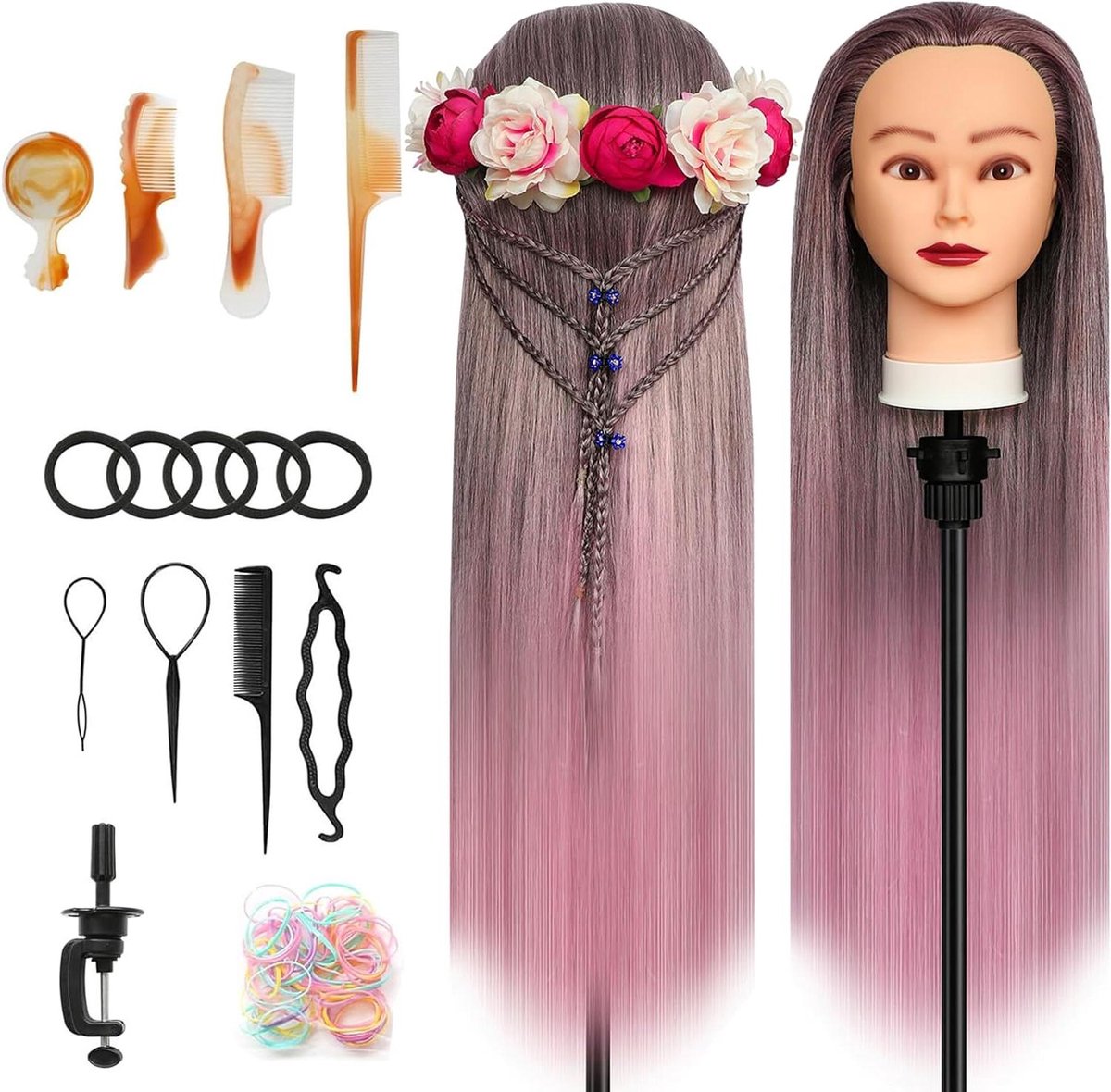 Trainingshoofd Haar - Oefenhoofd Kapper - Haar Stijlen Leren - Synthetisch Vezelhaar - 66-71 cm - Bruin