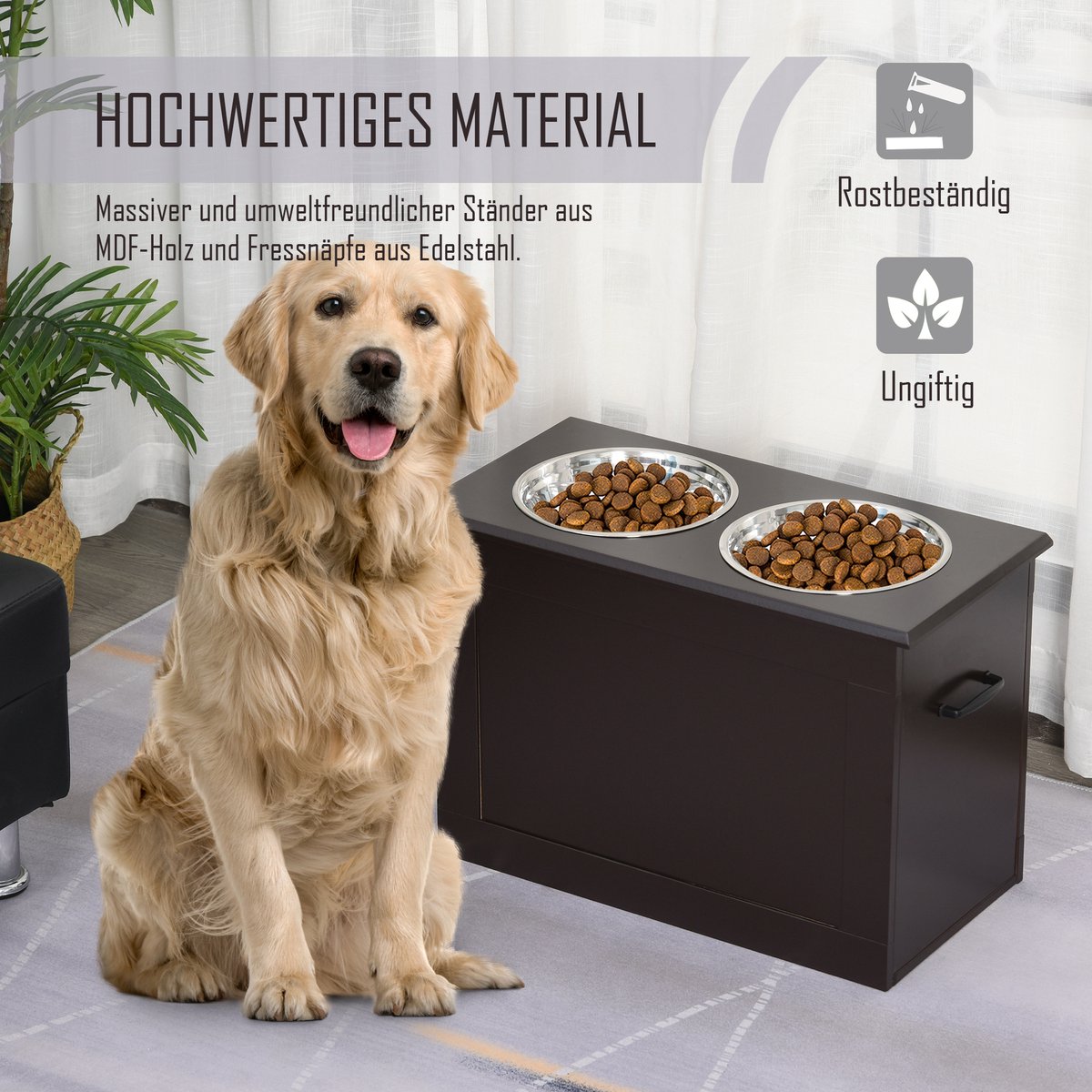 MIVRAY Voerbak – 60 x 30 x 41 cm – Verhoogd Voerstation Met Opbergruimte En 2 RVS Bakken – MDF – Bruin – Voor Honden