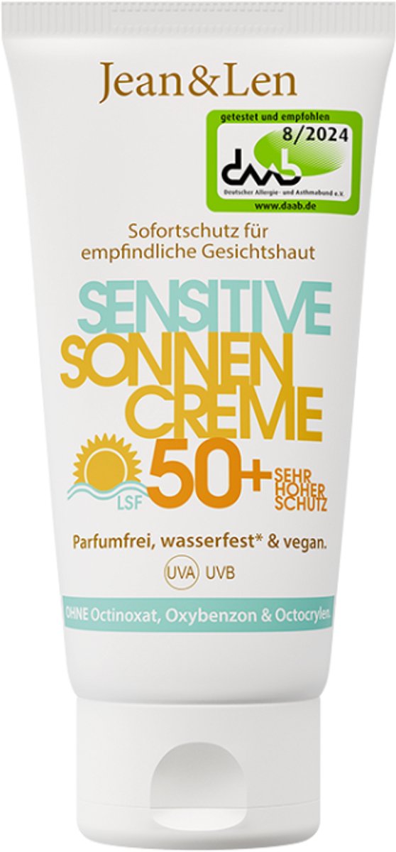 Jean & Len Sensitive Gezichtszonnecrème SPF 50+ 50 ml - vegan, dierproefvrij, zonder microplastics, voor gevoelige huid, hoge uv-bescherming