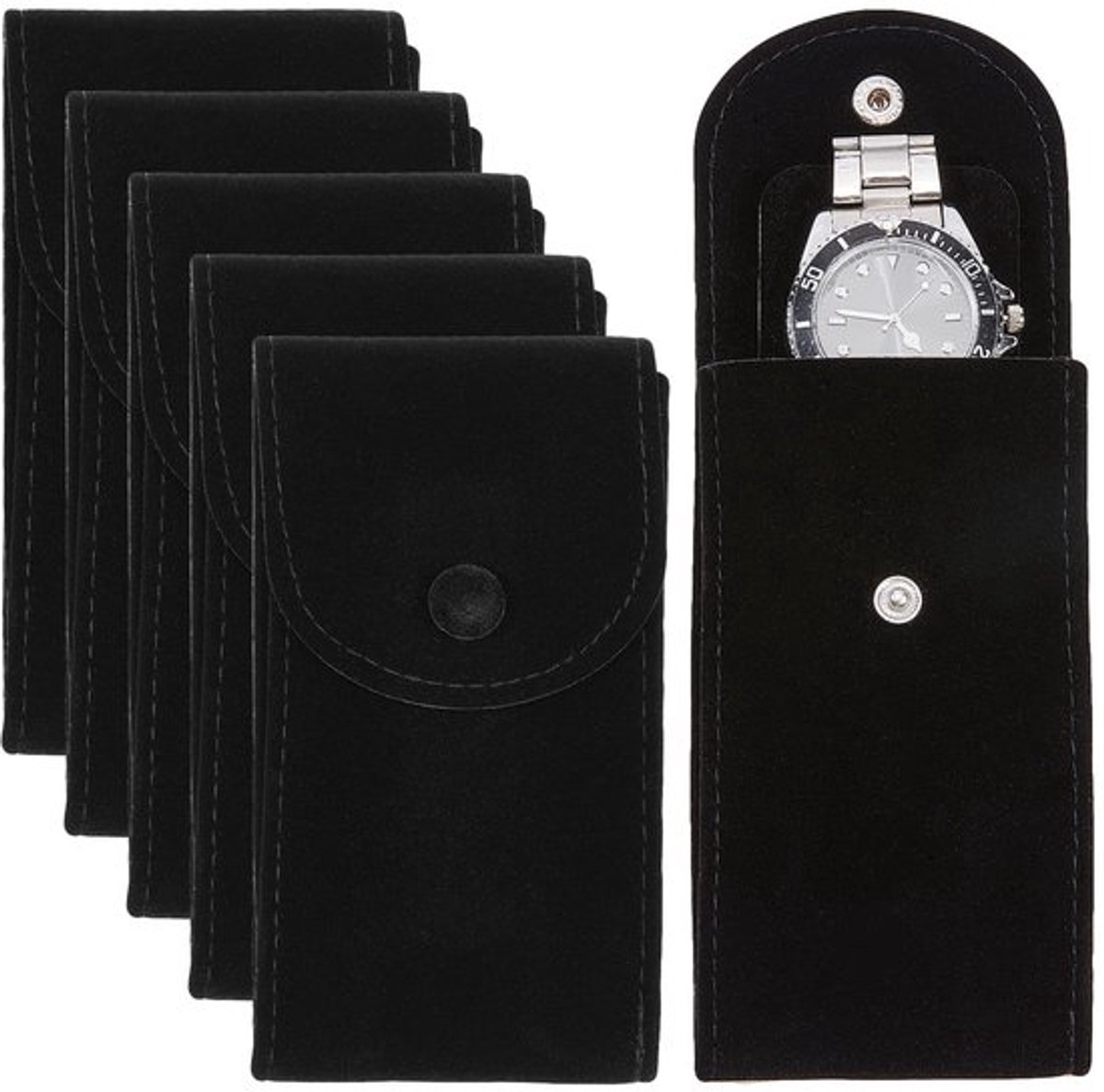 6 stuks fluwelen horlogetas, draagbare reistas voor één horloge, opbergtas voor horloges, luxe cadeautas met drukknop voor sieraden, horloge-organizer, zwart, 13 x 6,5 cm