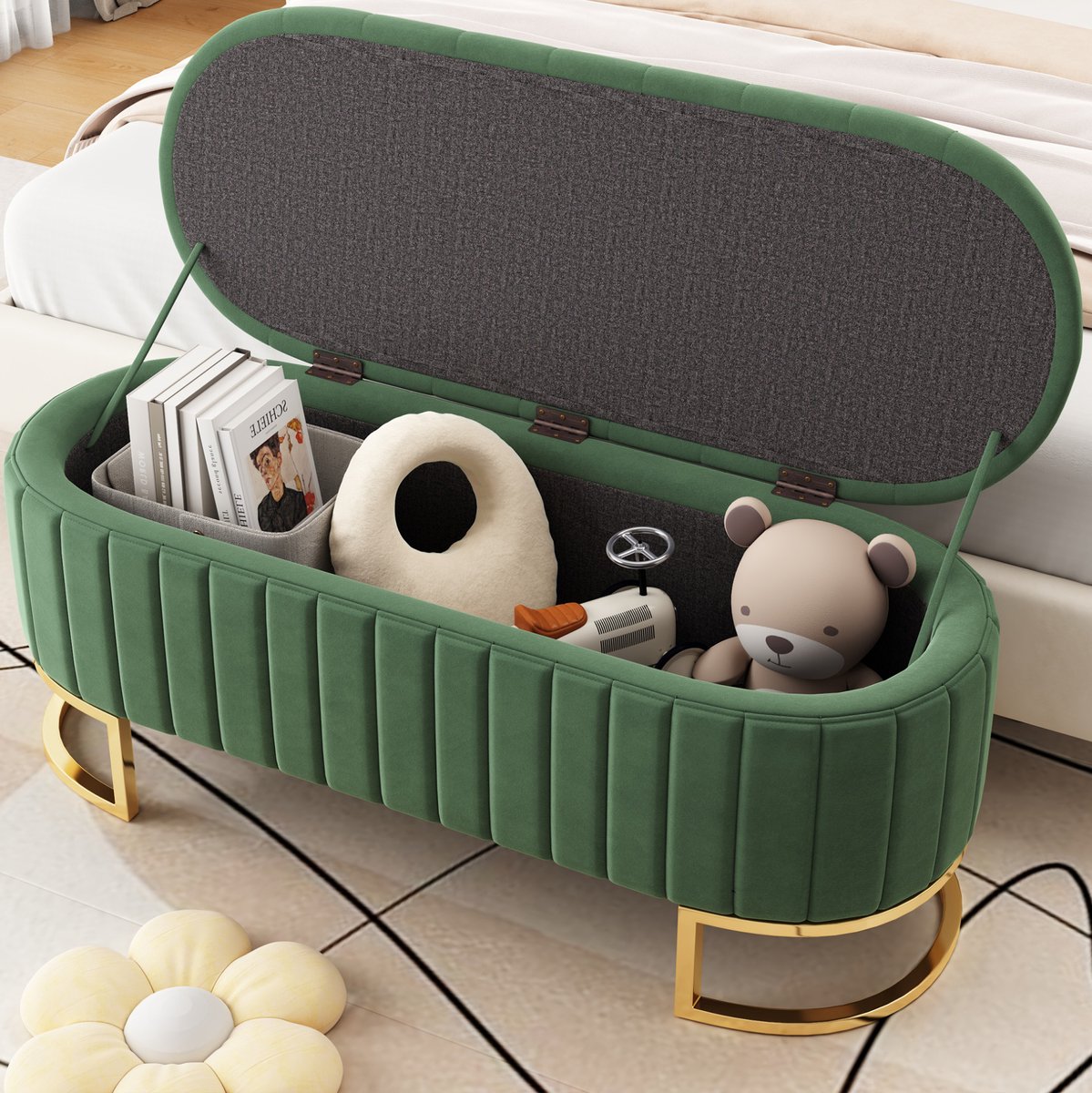MIVRAY Poef 120 x 39,9 x 43 cm - Met Verborgen Opbergruimte En Zachte Zitting - Voor Woonkamer Slaapkamer Of Hal - Fluweel Groen