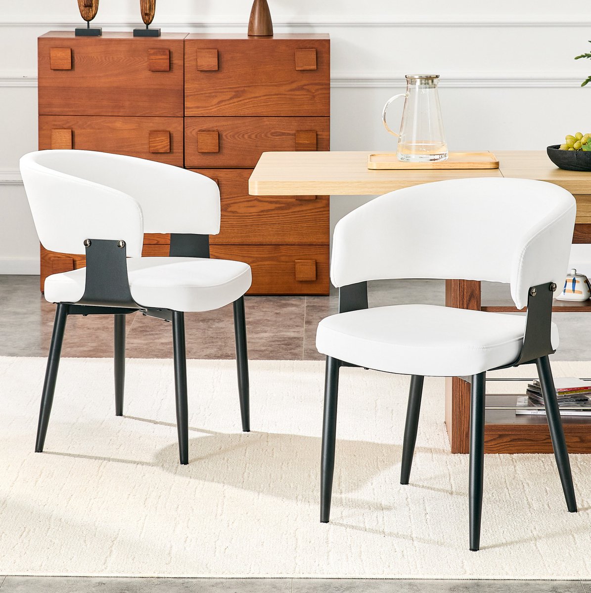 FloraGrace Eetkamerstoel Set van 2 - Kuipstoel met Armleuningen - Retro Mid-Century Voor Eetkamer en Horeca - Kunstleer - Wit Zwart