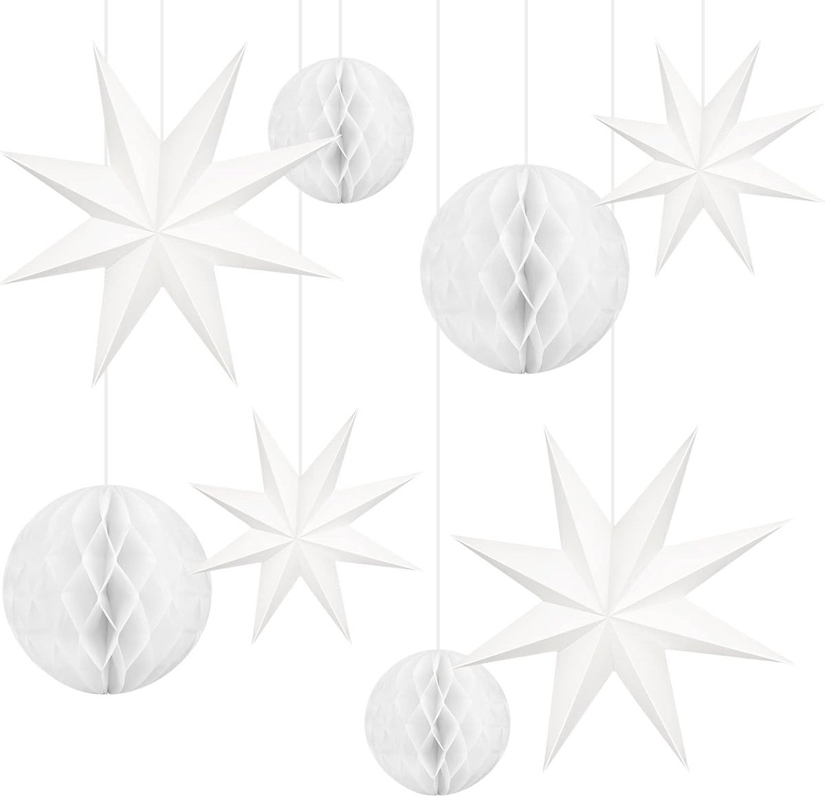 8 Pack Kerst Ster Decoratie - 9-Puntige Ster Lantaarns en 3D Witte Hangende Papieren Honingraatballen voor Bruiloft, Verjaardag en Babyshower Feestdecoratie