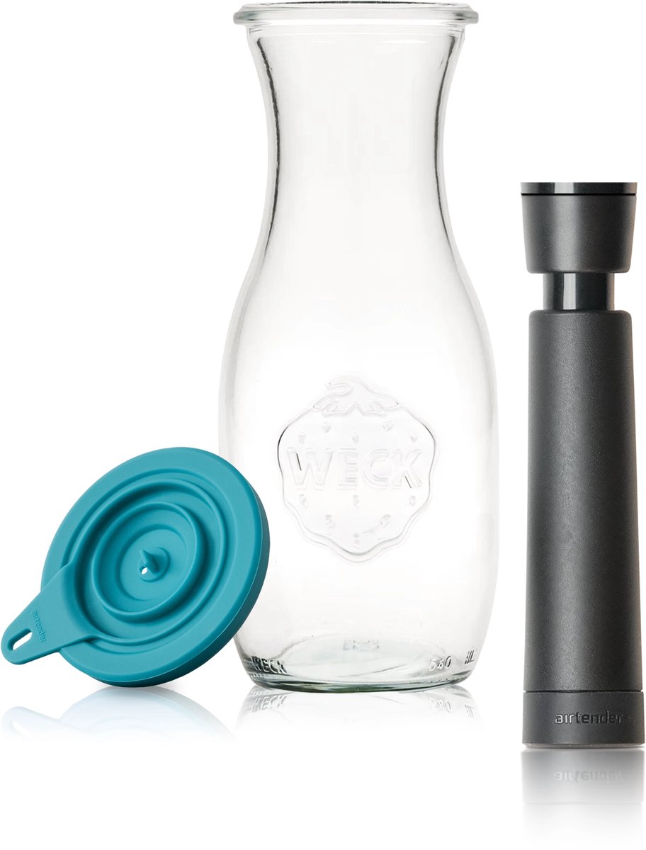 Airtender Vacuüm Karaf 500ml | Multi-functionele karaf van glas incl. Vacuümdeksel, Borgclip & GRATIS vacuümpomp | 100% Plasticvrij | Bewaar smoothies, wijn of sap tot 5x langer onder vacuüm of infuseer razendsnel water, sangria, limoncello, etc.