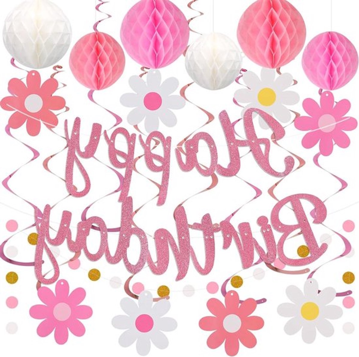 Verjaardagsdecoraties - Hangende 'Happy Birthday'-banner met honingraatballen, wervels en cirkelstippenslinger