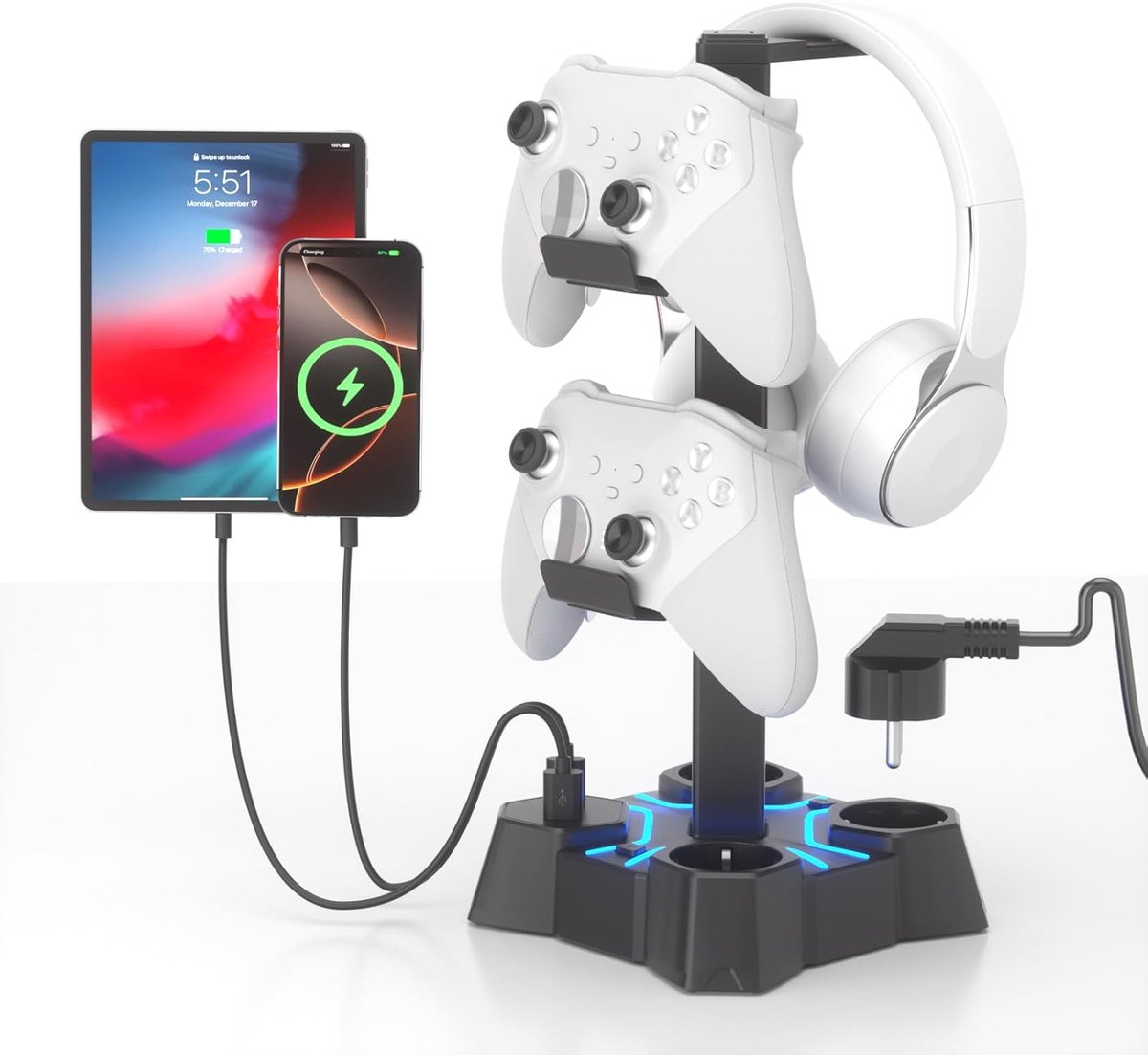 SnelShoppen - Headphone Stand met USB Charger, Controller Houder en Hoofdtelefoonhouder voor Bureau Accessoires (Zwart)