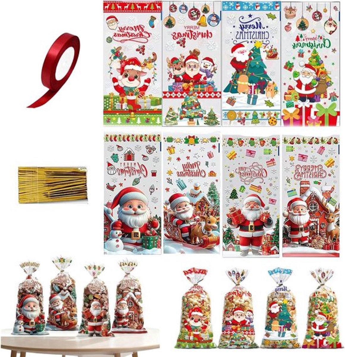 Cellofaanzakjes Kerstmis 100 stuks - Transparante Koekzakjes met Kerstdesigns - 27x12,5 cm - Gouden Sluitstrips & Satijnen Lint - Kersttraktatiezakjes