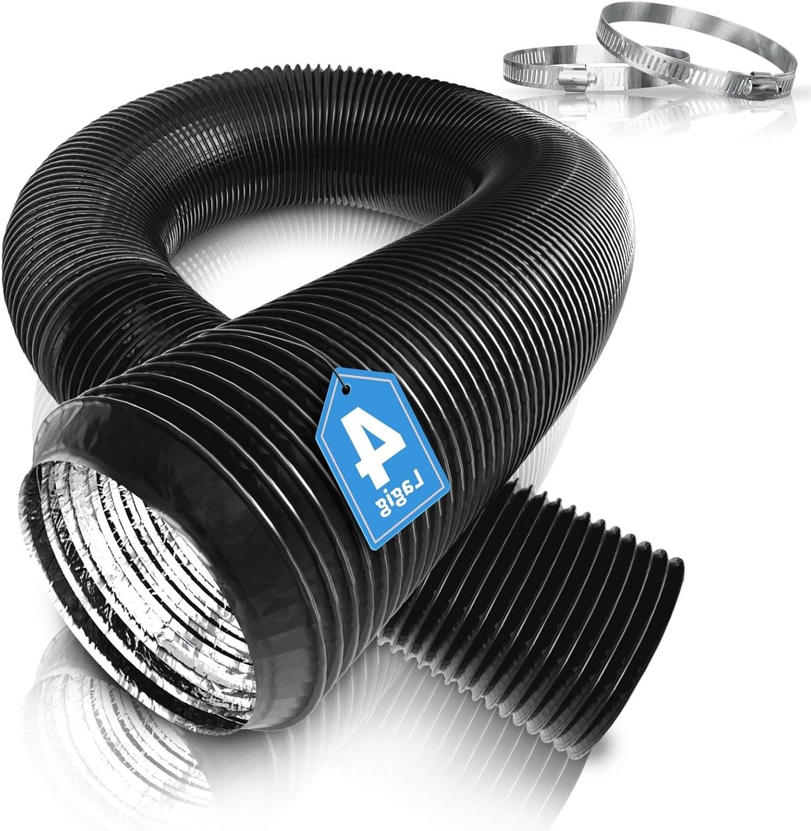 Flexibele 100 mm aluminium buis voor mobiele airconditioning, droger en afzuigventilator - max. lengte 3 m met 2 slangklemmen (zwart)