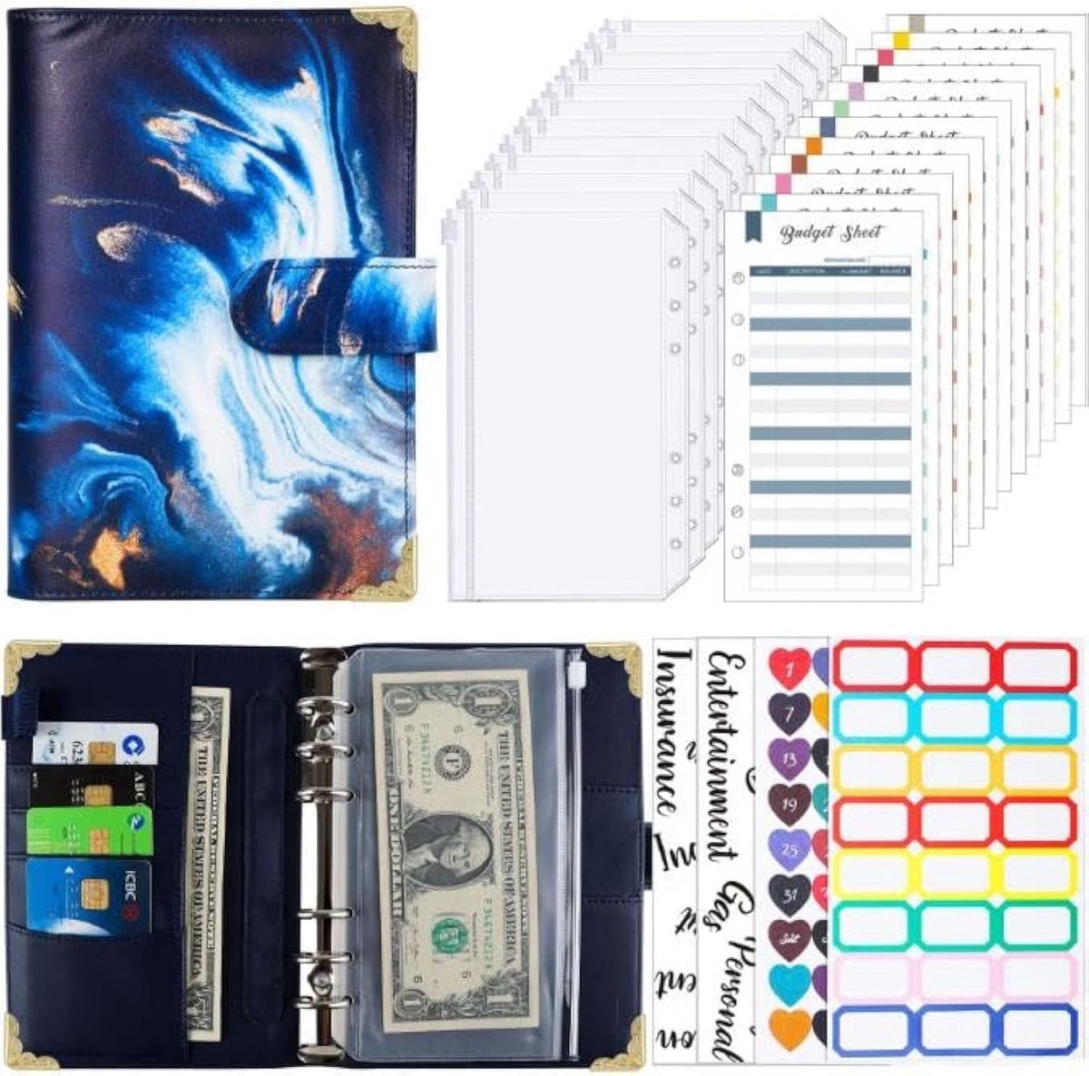 SnelShoppen - A6 Ringbinder Budget Boek met 8 Zipper Pocket, 12 Duitse Budgetkaarten, 5 Kleurrijke Scheidingsbladen en Stickers - Donkerblauw Kunstlee