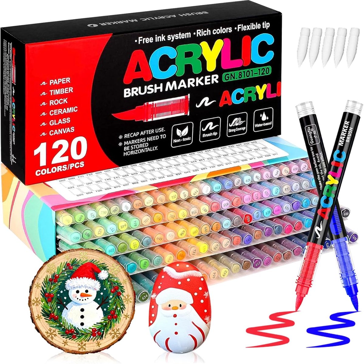 SnelShoppen - 120 Acrylic Pens voor Stenen, Hout, Glas, Ceramiek, Metaal & Canvas - Watervaste Brush Tip Acryl Markers - Perfect voor Creatief Schilde