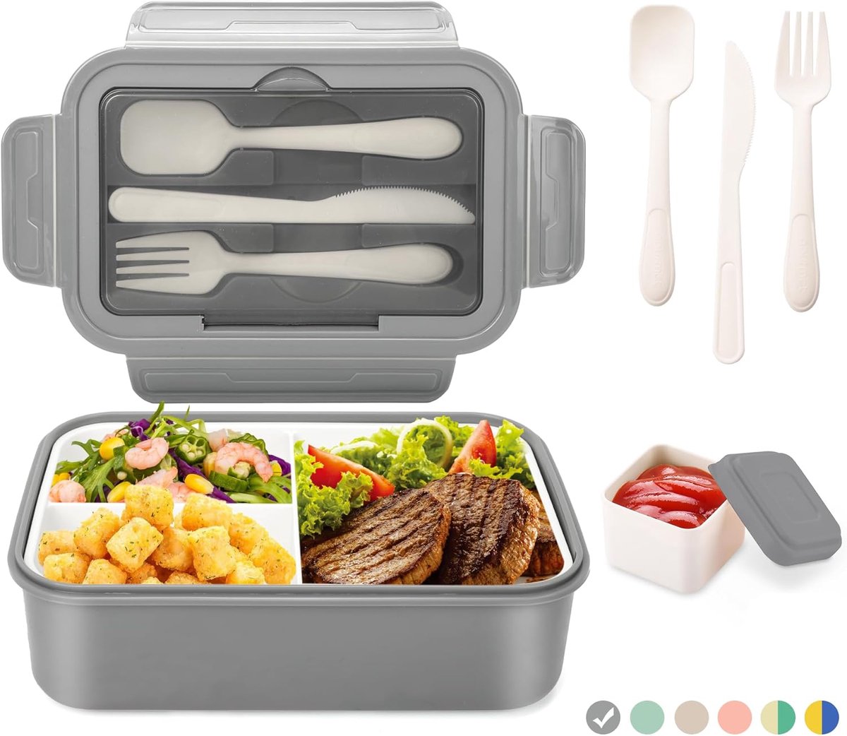 SnelShoppen - Lunch Box voor Volwassenen en Kinderen, Bento Box 1400 ml met 3 Compartimenten, Inclusief Bestek, Magnetron- en Vaatwasserbestendig, Ide