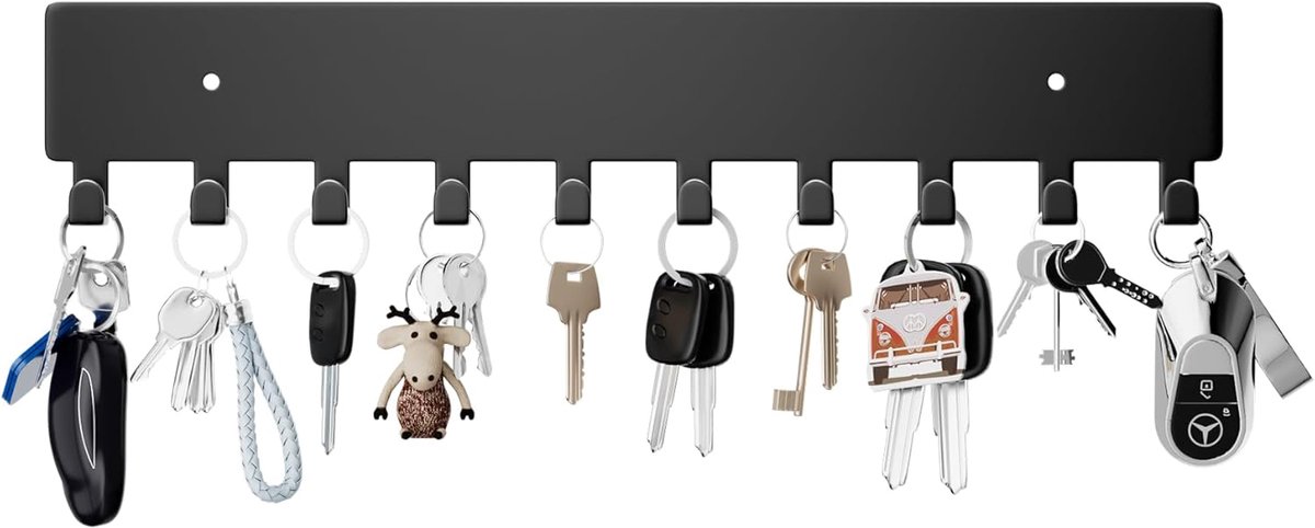 SnelShoppen - Wandgemonteerde Sleutelhanger met 10 Haakjes - Zwarte Zelfklevende Sleutelhaken voor Hal, Keuken en Entree - Hoogwaardige Metaalconstruc