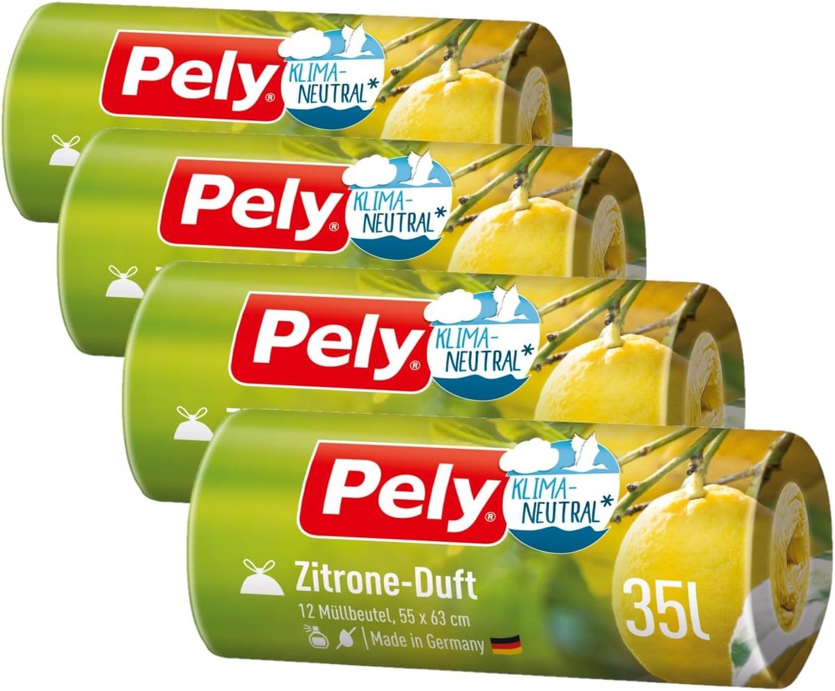 SnelShoppen - Geurige Pely Afvalzakken met Trekkoord - Klimagecompenseerd - Waarde pakket (4 x 12 Stuks) - Gele 35 Liter Afvalzakken voor Huishoudelij