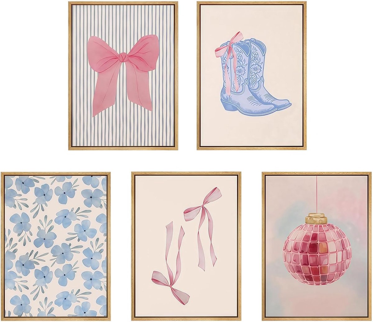 SnelShoppen - Blau en Roze Preppy Poster Set van 5 - Schattige Coquette Bows en Cowgirl Boots Wanddecoratie voor Kamer, Studentenhuis of Appartement -
