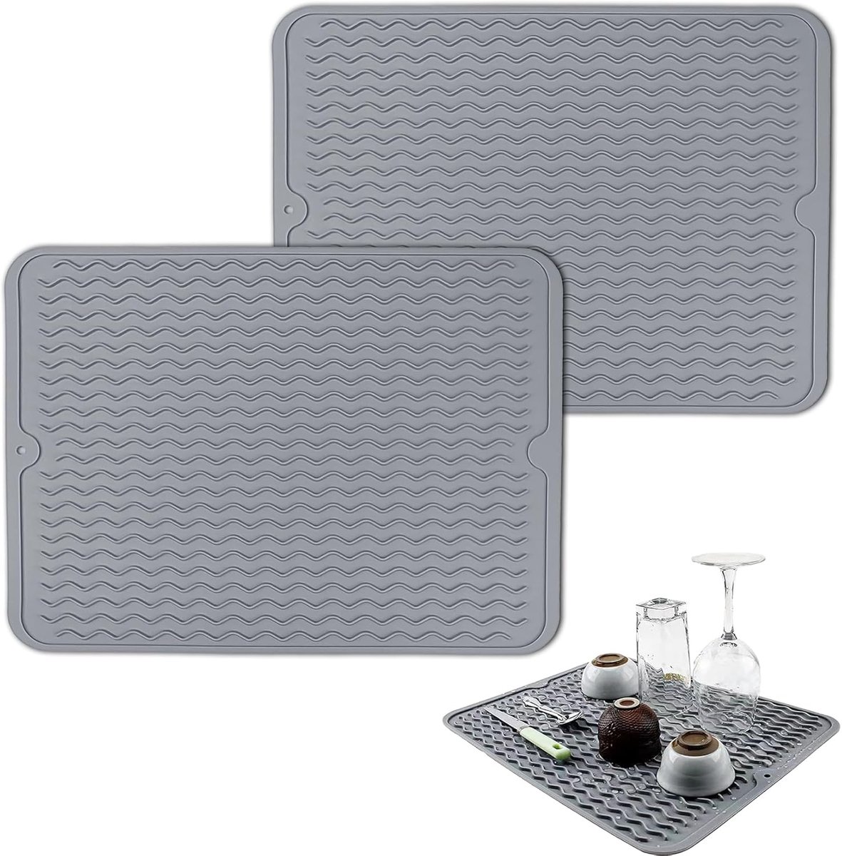 SnelShoppen - 2x Silicone Draining Mats 40x30cm - Antislip Drainer Mat voor Keuken - Grijs - Duurzaam, Vouwbaar, Hoge Temperatuurweerstand