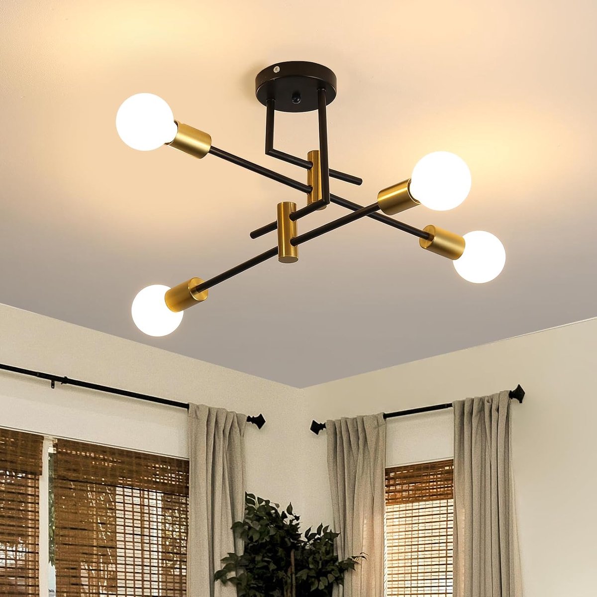 SnelShoppen - Osairous Moderne Industriele Kroonluchter, 4-Lichts Plafondlamp, E27 Retro Vintage Hanglamp, Zwart en Goud, Perfect voor Slaapkamer, Gan