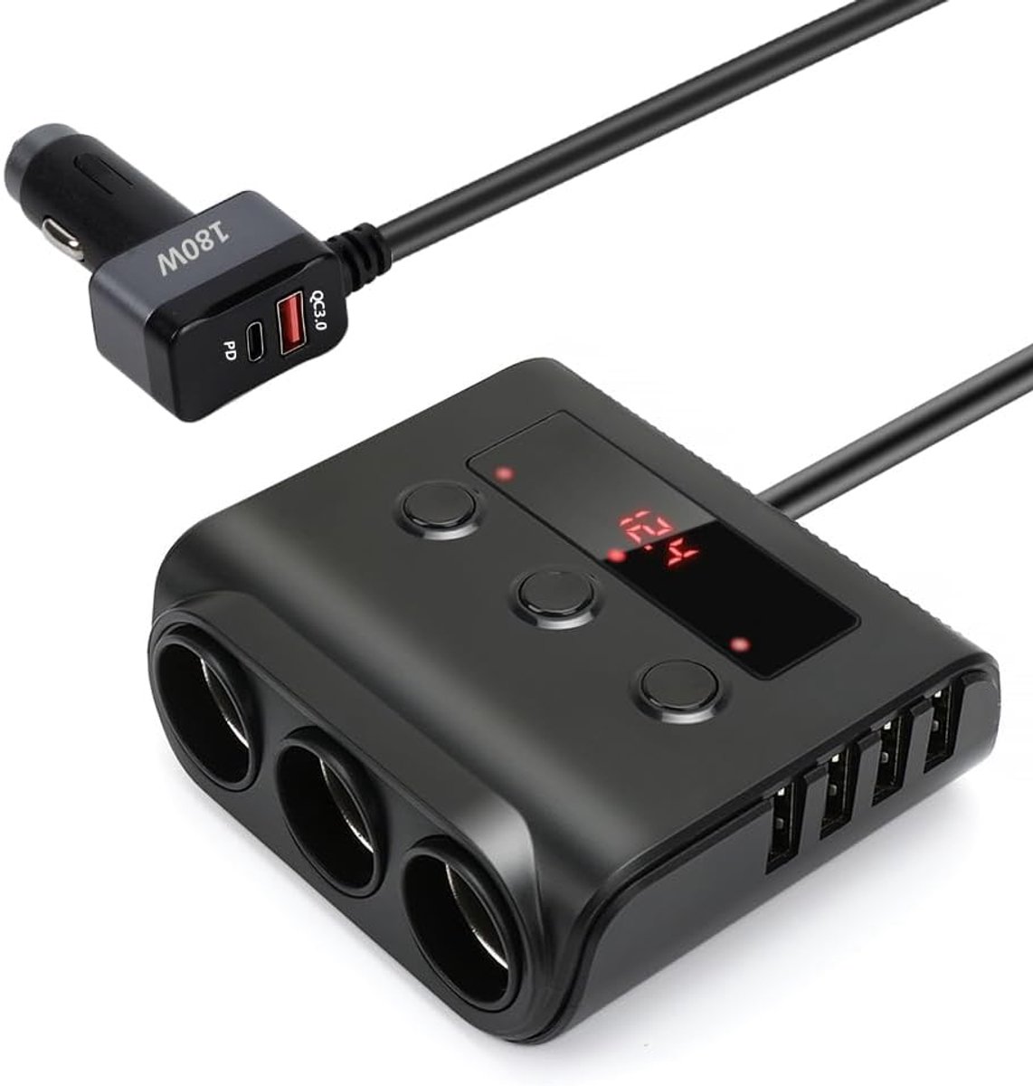 SnelShoppen - 180W Multi Socket Sigarettenaansteker Adapter 9-in-1 met 6 USB Poorten, PD 3.0 en QC3.0, LED Schakelaar, Ideaal voor Auto, GPS, Smartpho