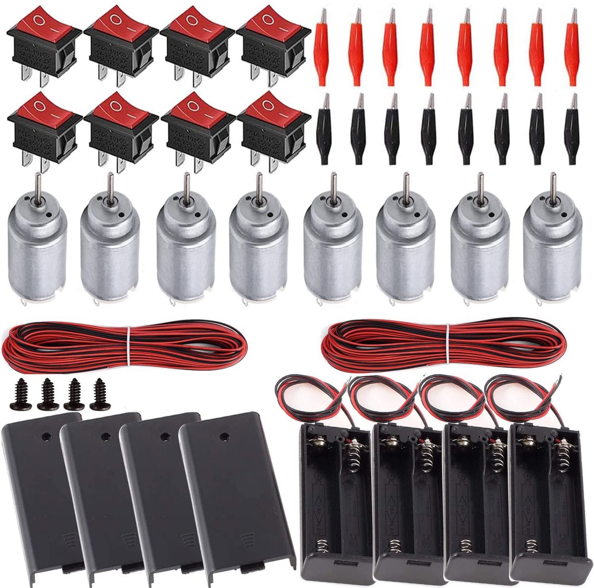 SnelShoppen - 8 Set Micro DC Motor 1.5V-6V 15000-16000rpm + 4 AA Batterijhouders + 16 Crocodile Clips + 22AWG Kabel + 8 Mini Boot Schakelaars