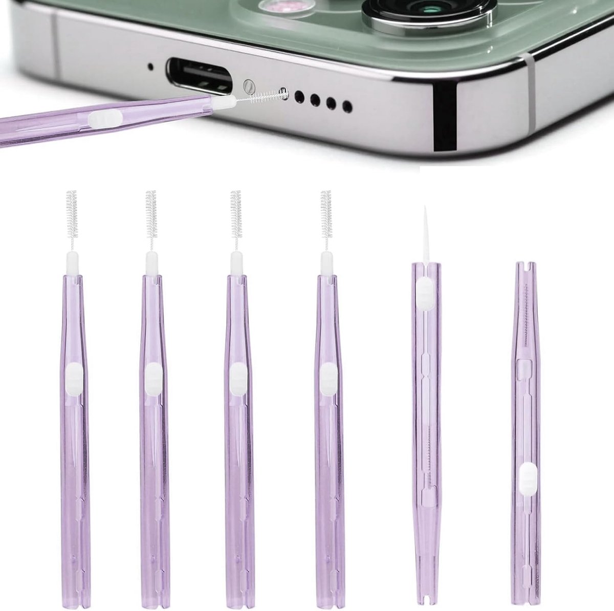 SnelShoppen - 6 Stuks Dubbelzijdige Oplaadpoort Reinigingsborstel - Antiklever Gereedschap voor Telefoons, USB-C, Koptelefoons, Paars