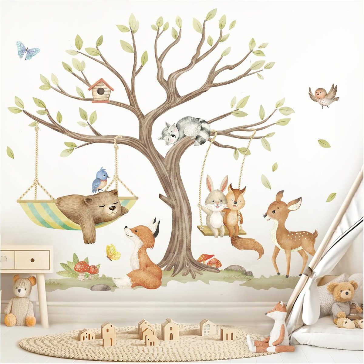 SnelShoppen - XL Zelfklevende Wandstickers Dieren Bos - Muurdecoratie Beer Vos - Premium Kwaliteit - 140x98 cm - Kinderen - Speelkamer