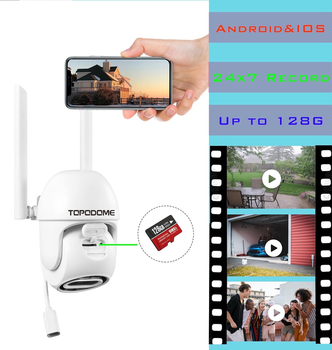 SnelShoppen - External WiFi Camera met Mens Alarm, 1080p Beveiligingscamera, PTZ 360° Beweging, IP66, Infrarood en Kleur Nachtzicht 20m, Tweerichtings
