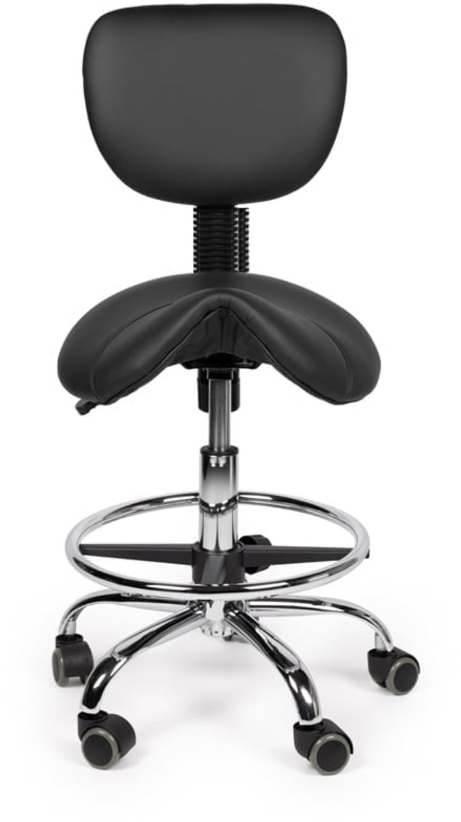 Ergonomische Zadelkruk Zwart met Rugleuning – Verstelbare Zadelstoel met Wielen – Comfortabele Werkkruk voor Salon, Kappers & Thuis - Zithoogte 40-56cm - met Voetsteun