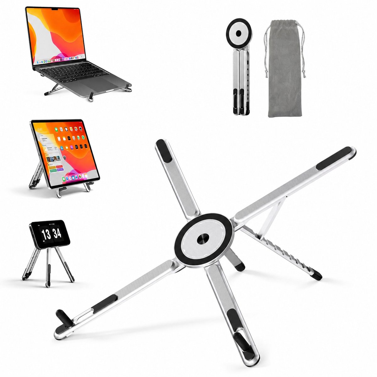 Multi Stand Opvouwbare Laptopstandaard - 3-in-1 Laptopstandaard - Magnetische Houder - Laptop Standaard - Telefoonhouder Bureau Verstelbaar - Aluminium - 8 Hoogtestanden - 360° Draaibaar - gemaakt 150g- Voor Laptop, Tablet & Smartphone