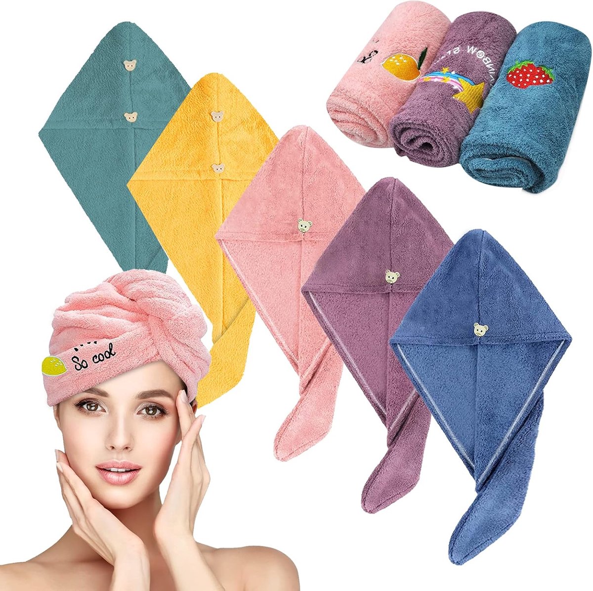 SnelShoppen - 5 Stuks Microvezel Haar Turban Handdoek met Knoop, Super Absorberend, Sneldrogend, Ideaal voor Dames en Kinderen, Voor Alle Haartypes, G