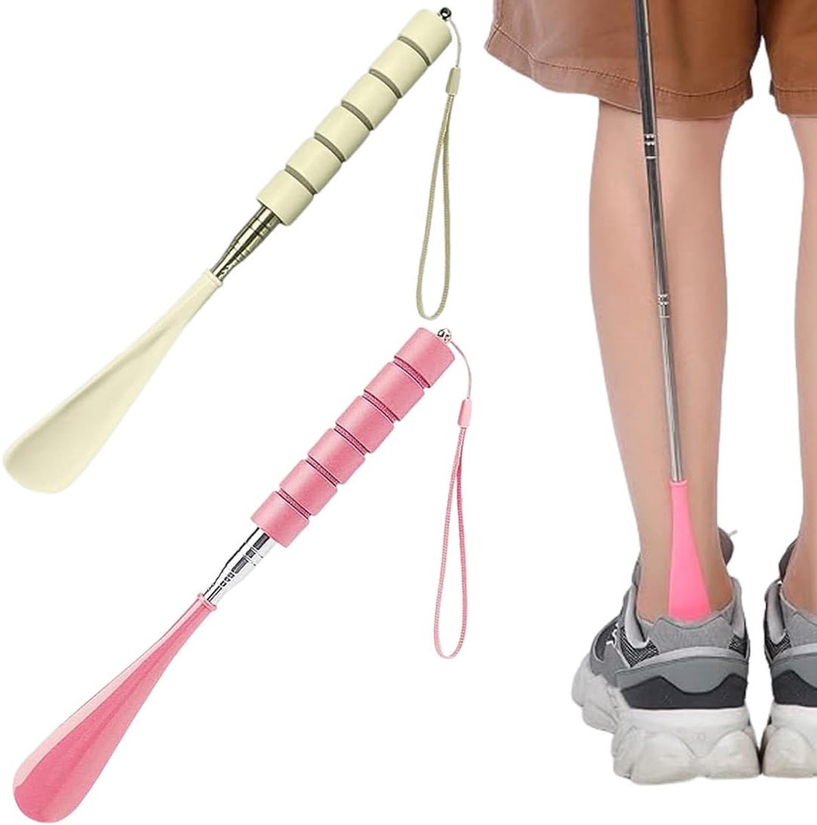 SnelShoppen - 2 x Telescopische Schoenlepels 30-70 cm - Plastic Schoenlepel voor Mannen, Vrouwen, Kinderen en Ouderen (Beige + Roze)