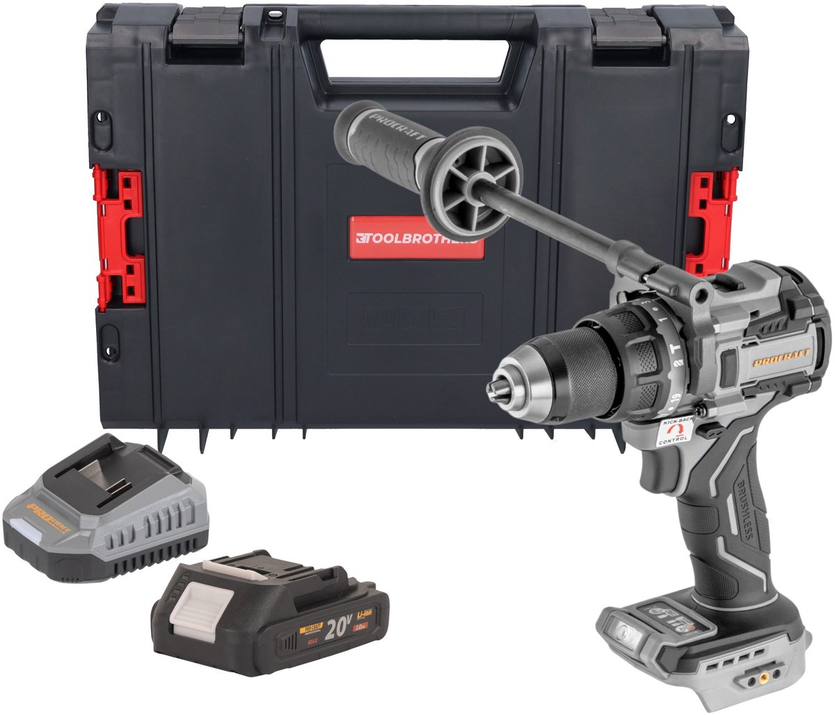 ProCraft Industrial CD20C-BB accu-slagboormachine 20 V 120 Nm borstelloos + 1x accu 2,0 Ah + oplader + RHINO-gereedschapskoffer
