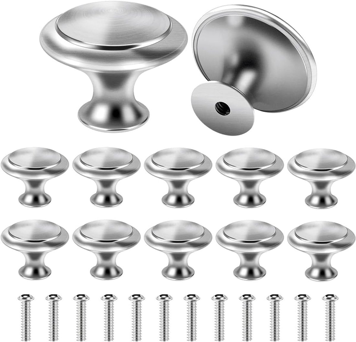 SnelShoppen - 12 Stuks Ronde Zilveren Deurklinken - 27mm Keuken Handgrepen van Roestvrij Staal met Schroeven voor Meubels, Kasten, Badkamer en Lades