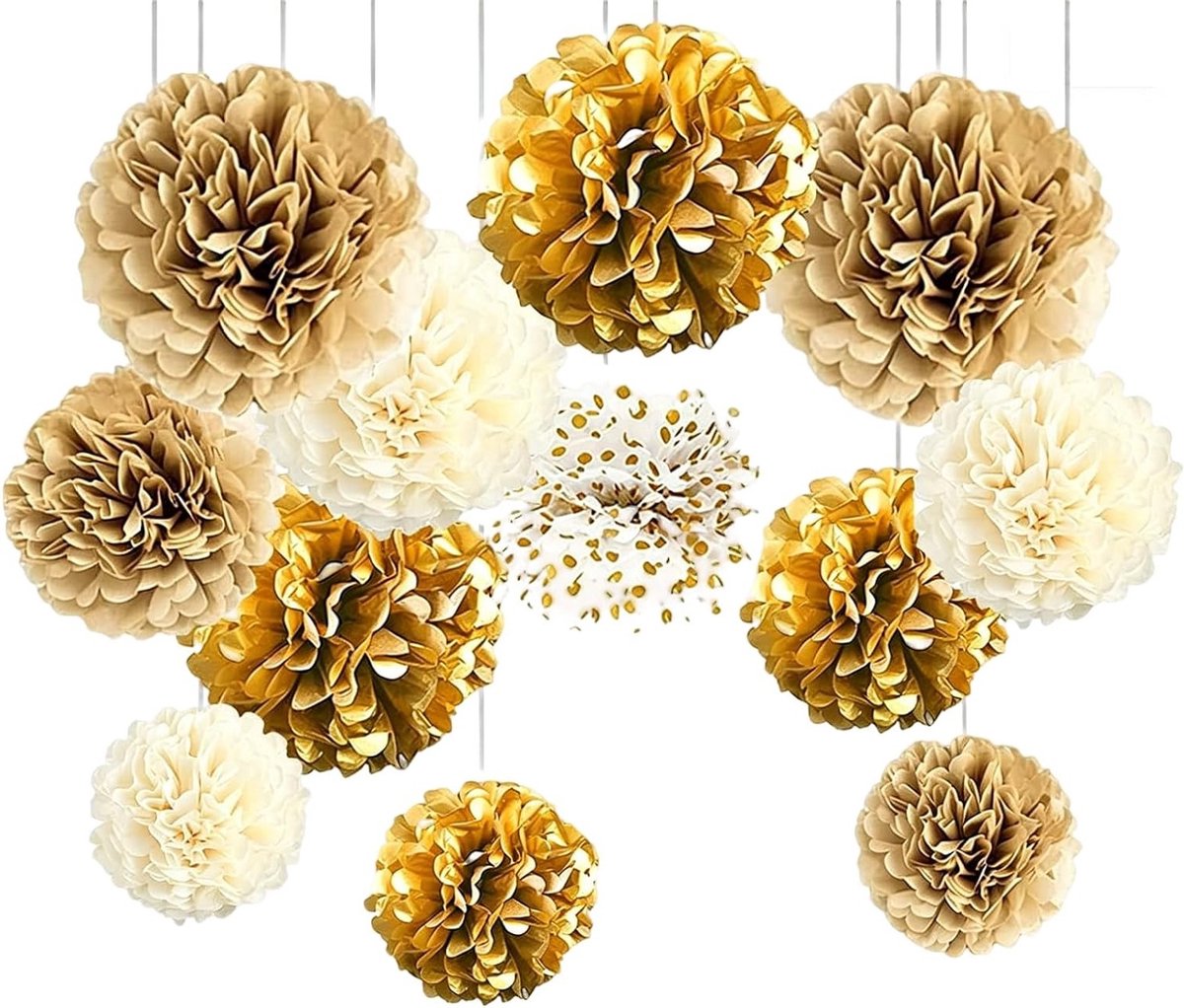 Papieren pompons - Bloemen decoratie - Feest versiering - Boheemse chic stijl - 12 stuks - Goud beige wit