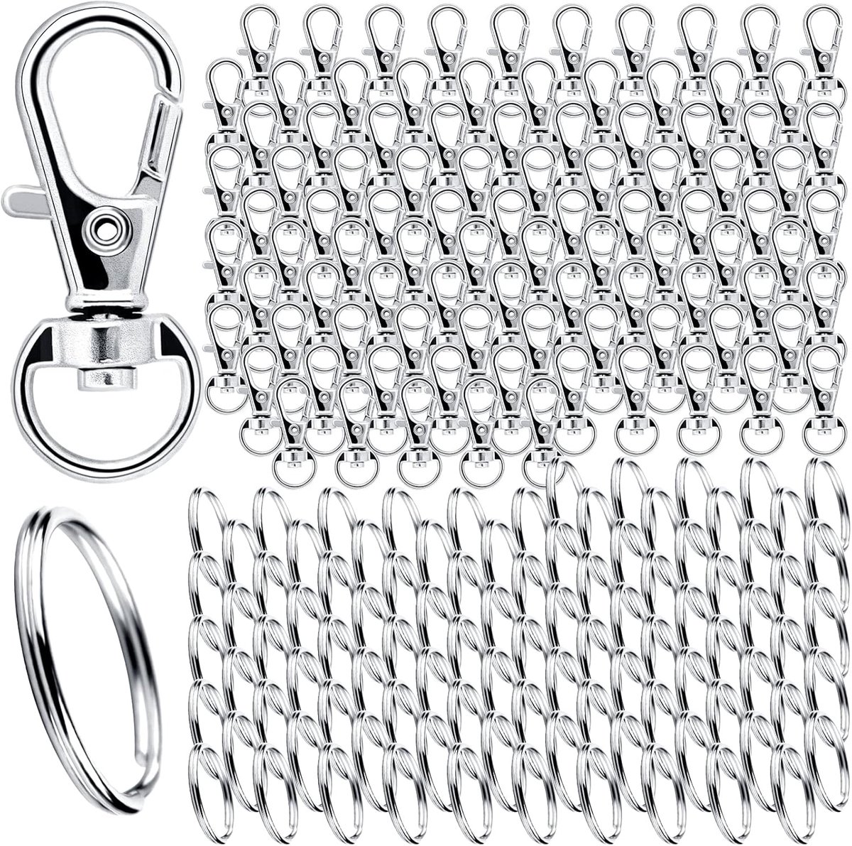 SnelShoppen - 160 Stuks RVS Sleutelhangers Carabiners met Draaihengsel - Perfect voor Creatieve Klussen, Feesten, Camping en Organisatie - Zilver