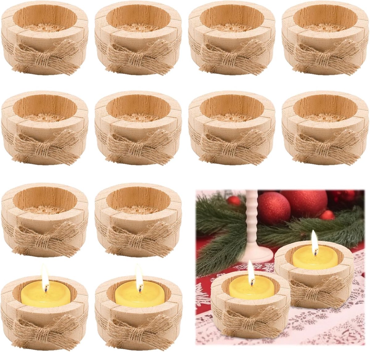 SnelShoppen - Pack van 12 Houten Theelichthouders 6 cm - Rustieke Votive Kaarsenhouders voor Tafel Decoratie - Voor Bruiloft, Kerst, Halloween en Verj