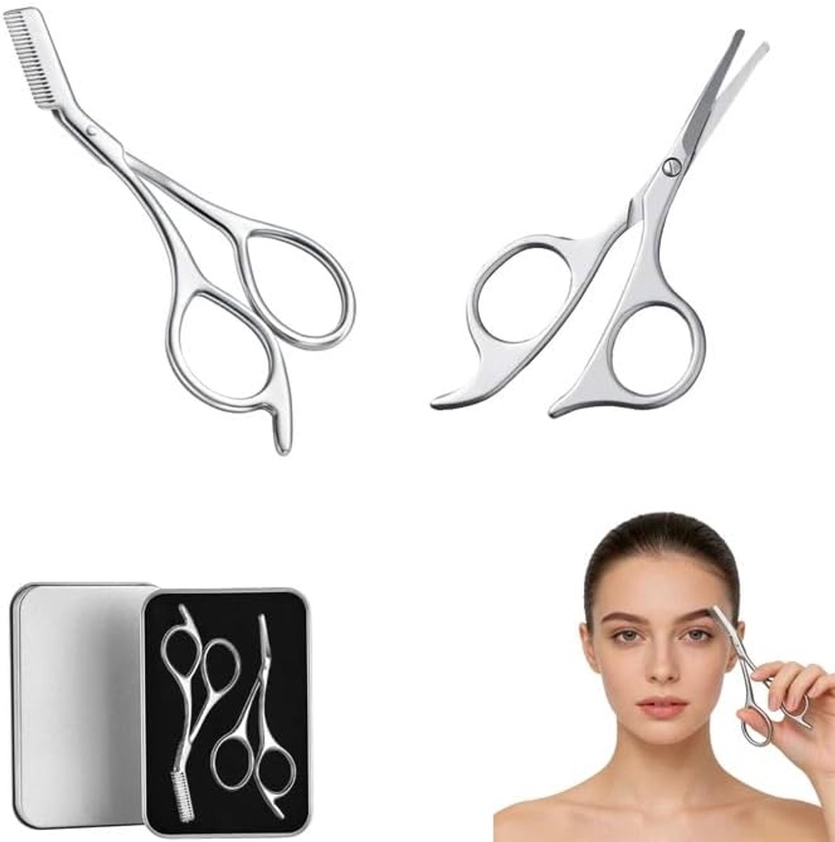 SnelShoppen - Eyebrow Trimmer Set met Travel Case, Eyebrow Scharen met Kam en Neushaar Trimmer, RVS Scharen voor Wenkbrauwen en Wimpers