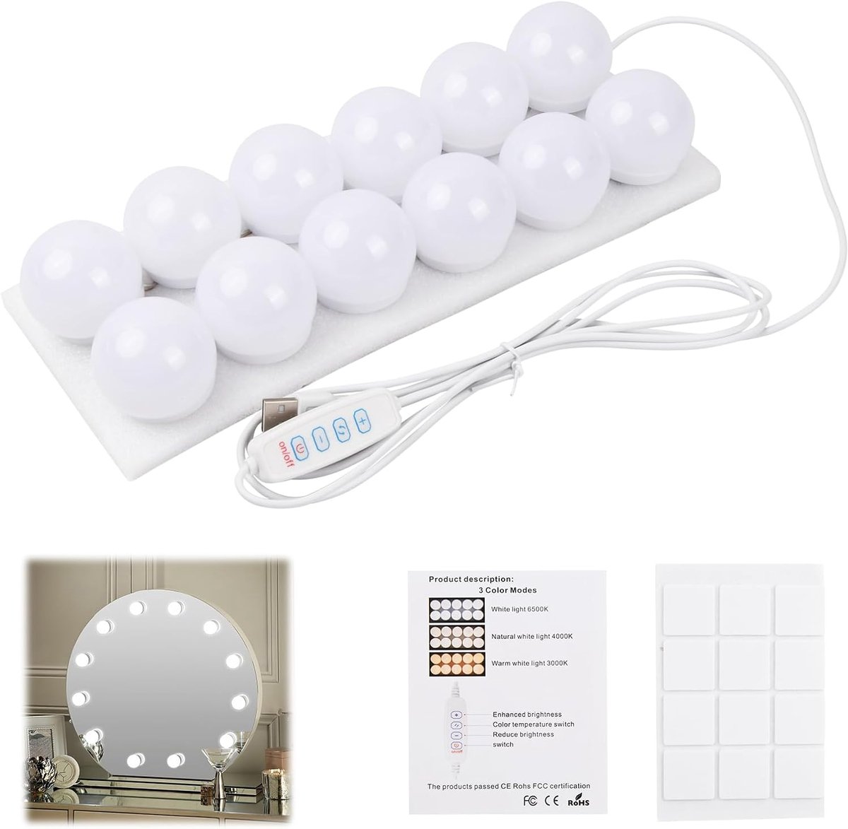 SnelShoppen - Dimbare Hollywood Spiegellamp met 12 LED Lampen, 3 Kleuren & 9 Helderheidsniveaus voor Make-upspiegel en Kaptafel, Perfect voor Beauty e