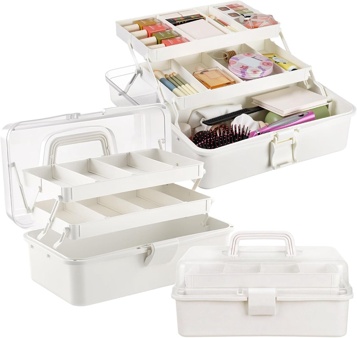VHV - Opbergdoos - Hobby organizer - Sorteerdoos - Make-up organizer - 3-laags - Met handvat - Uitklapbaar - Voor knutselspullen, naaispullen en medicijnen - 33 x 18 x 14 cm - Wit