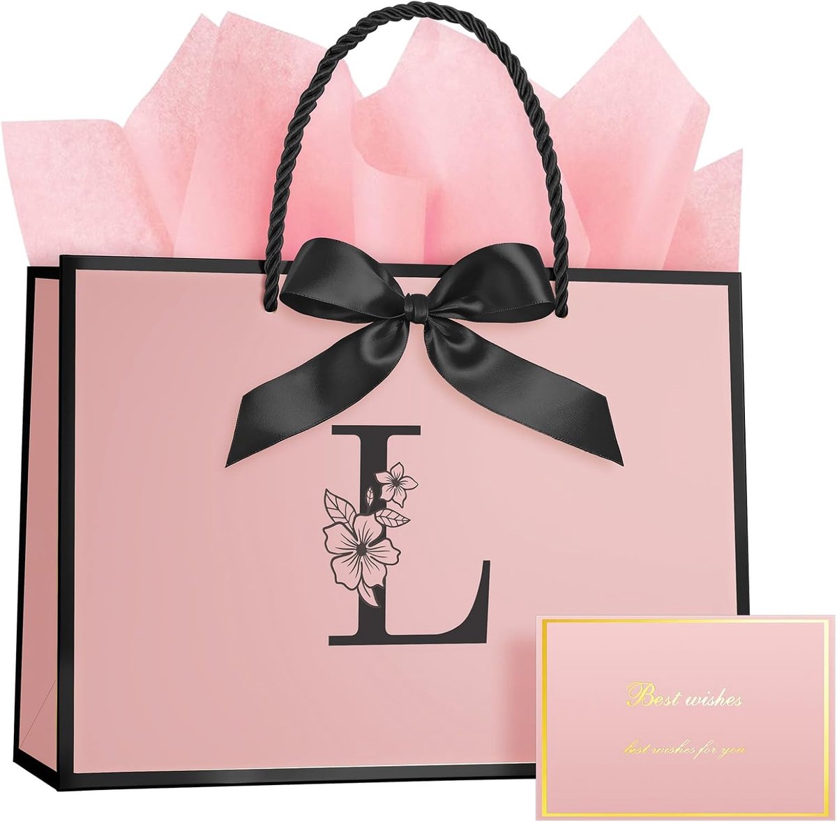 SnelShoppen - Mooie Verjaardag Cadeau Tas - Papier Cadeauzak met Strik + 1 Wenskaart + 3 Vellen Inpakpapier - Roze Cadeautas met Handvatten voor Vrouw
