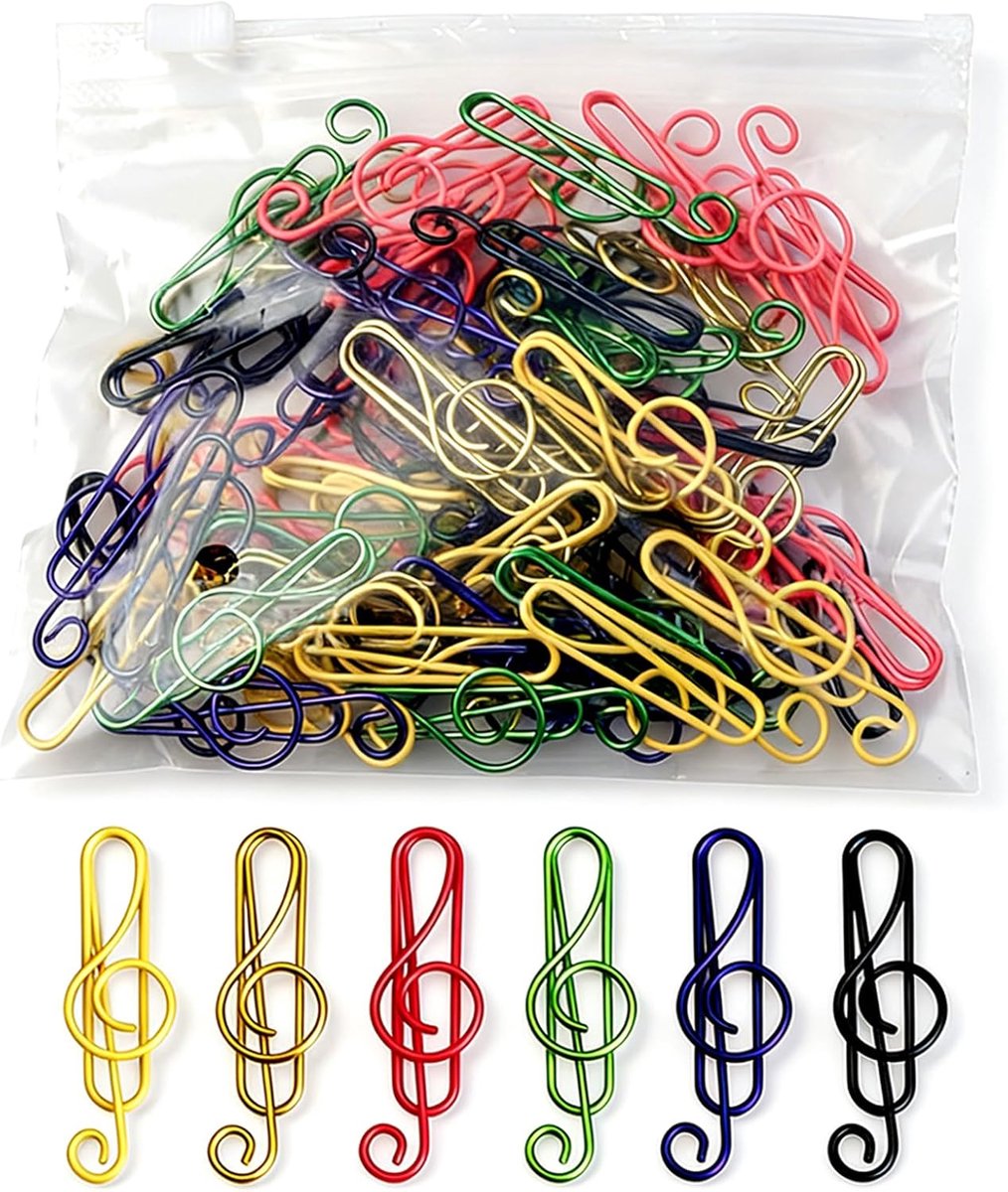SnelShoppen - 50 Stuks Kleurrijke Muziek Klemmen - Metalen Paperclips in Sleutelvorm - Uniek Cadeau voor Muzikanten, Muziekleraren, Kantoor en School