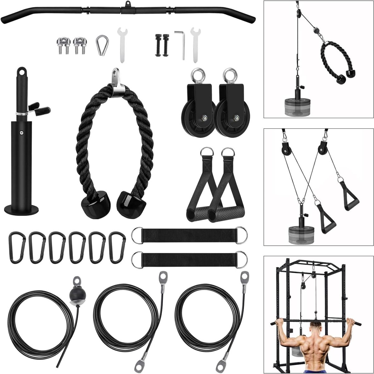 SnelShoppen - Fitness Pull Cable voor Voorarm Training - Touw met 3 Verwisselbare Handgrepen, Universale Gewichtsbevestiging voor Thuis Gym, Spiertrai