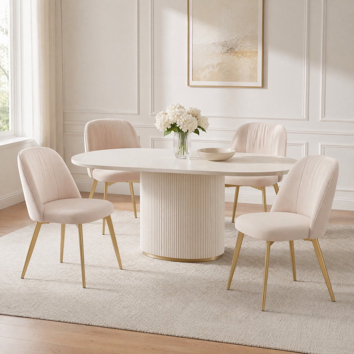 MODENUIT Eetkamerstoel 53 x 50 x 80 cm - Set Van 4 Met Ergonomische Rugleuning - Fluweel Beige En Goud