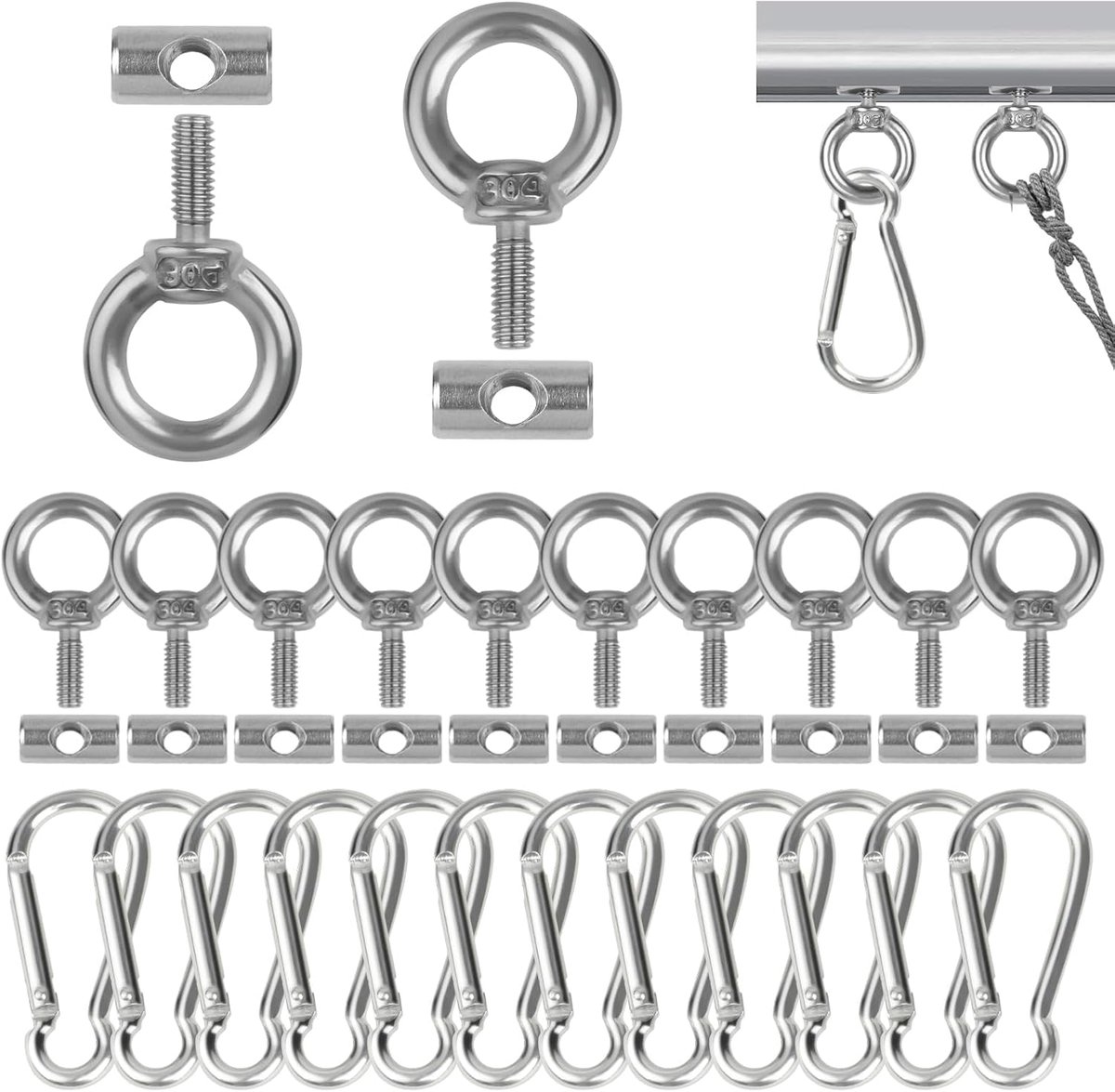 SnelShoppen - 12 Stuks 6mm 304 RVS Luifel Haaksets met 12 Karabijnhaken - Caravan Eindstop Set voor Caravan, Camper, Kampeer Tent, Buitenactiviteiten